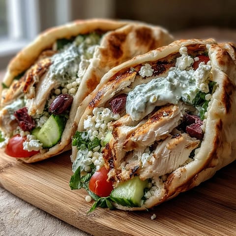 Freshly prepared Greek Chicken Feta Stuffed Pitas served on a plate with lemon wedges.
