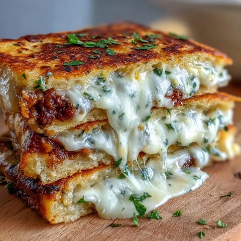 Crispy, golden-brown Brown Butter Garlic Naan Grilled Cheese oozing melted mozzarella, served sliced on a wooden board.