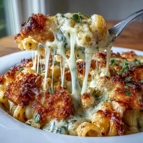Tightly packed bowl of Baked Pesto Chicken Mac & Cheese with tender marinated chicken pieces and glossy, creamy cheese sauce coating pasta.