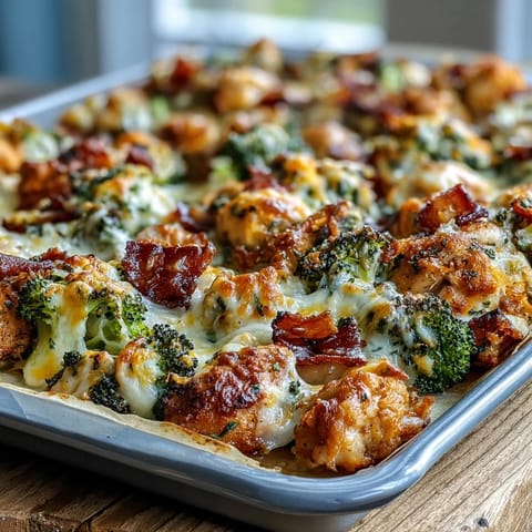 Golden Ranch Chicken & Broccoli Sheet Pan Melt with bubbling cheddar cheese and roasted green florets.