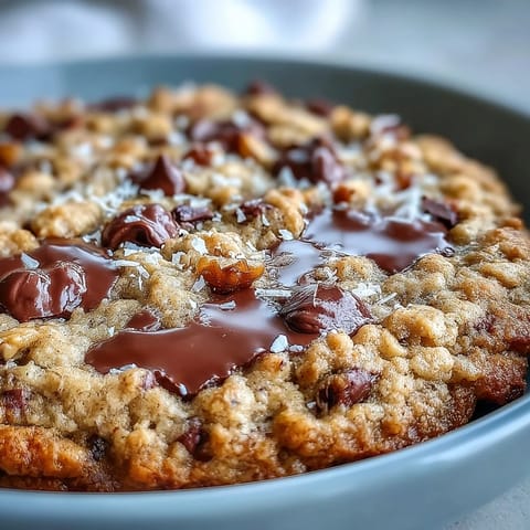 Gooey slices of Chunky Monkey Oatmeal Cookie Skillet served from a cast iron pan with a scoop of vanilla ice cream.