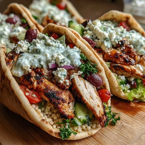 Freshly grilled Greek Chicken Feta Stuffed Pitas filled with lemon chicken, feta, and cool tzatziki sauce.