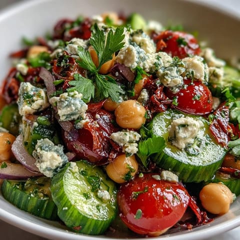 Creamy crumbled feta cheese is sprinkled over a vibrant bowl of Mediterranean Chickpea Salad, ready for a refreshing lunch.