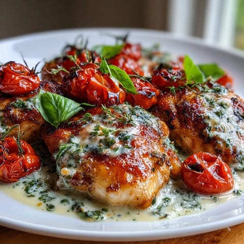 Roasted cherry tomatoes and seared chicken breasts smothered in creamy pesto sauce, garnished with fresh basil on a rustic dinner plate.