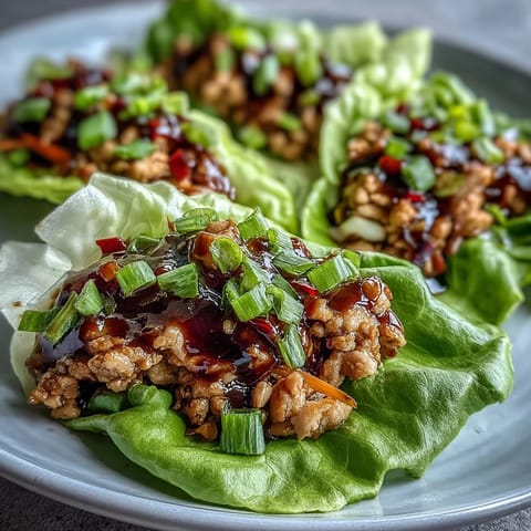 Freshly cooked ground chicken mixture with crunchy bell peppers and carrots, spooned into crisp butter lettuce cups, showcasing the Skinny Asian Chicken Lettuce Wraps with Hoisin Sauce.