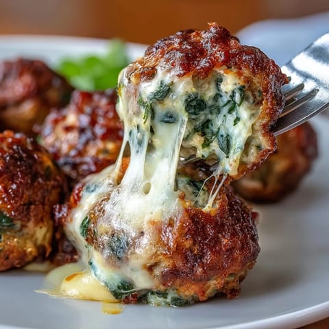 Delicious spinach garlic meatballs with gooey mozzarella center, baked to golden perfection and served with marinara sauce.  