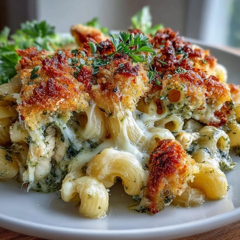 Creamy Baked Pesto Chicken Mac & Cheese casserole with golden cheese crust and juicy pesto-marinated chicken pieces.