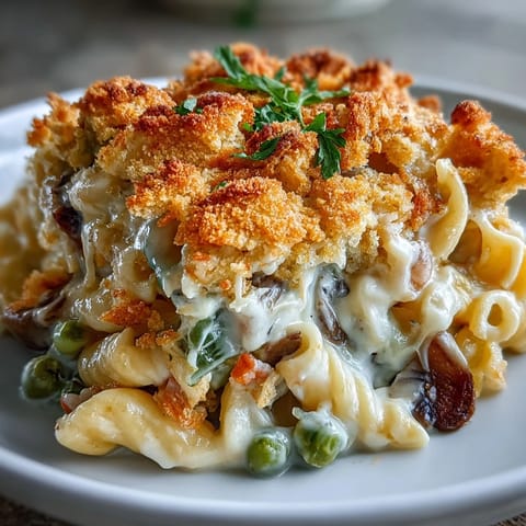 Vegetarian pot pie pasta dish with sautéed carrots, mushrooms, peas, and corn in a rich, herb-infused cream sauce.  