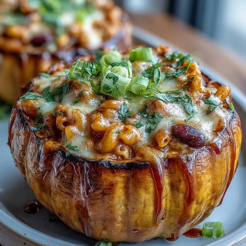 Hot honey chili mac stuffed squash with roasted acorn halves filled with spicy cheesy pasta.  