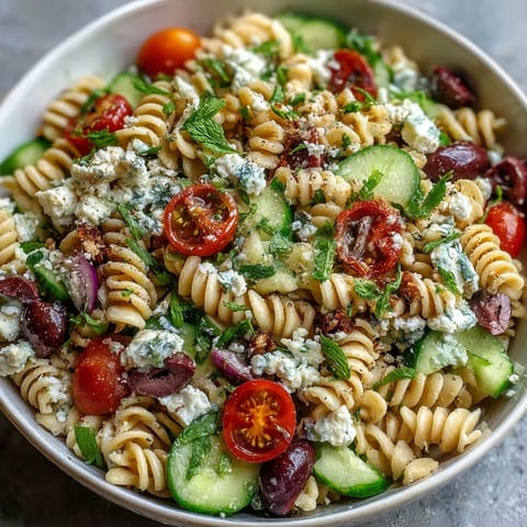 Fresh Summer Slim Greek Pasta Salad bursting with crisp cucumbers, cherry tomatoes, and tangy olives, tossed in a zesty lemon dressing.  