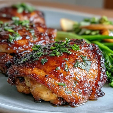 A one-pan dinner featuring juicy chicken thighs, tender baby potatoes, and crisp green beans, all coated in honey garlic sauce.  