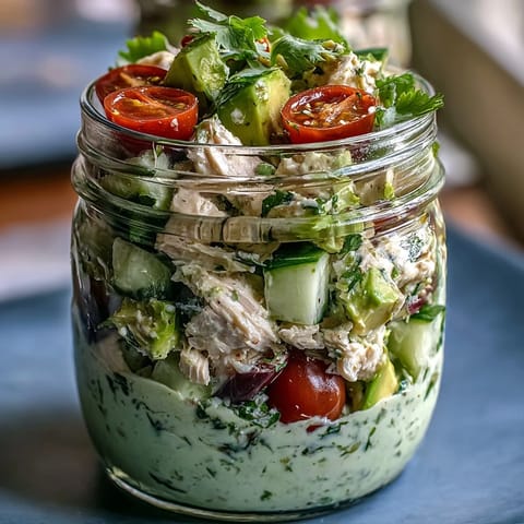 Creamy avocado and seasoned chicken layered in mason jars with cherry tomatoes and spinach for a quick keto lunch.
