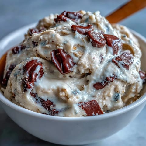 Healthy Greek Yogurt Cookie Dough in a bowl, topped with mini chocolate chips and a spoon, ready to enjoy.