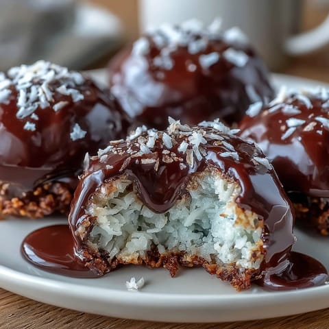 A close-up of Healthy Chocolate Coconut Bites, showcasing the rich, velvety chocolate shell and tender, naturally sweetened coconut center.