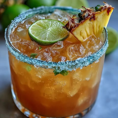 Vibrant Pineapple Margarita Mocktail with salted rim, fresh lime, and juicy pineapple garnish, perfect for festive gatherings.