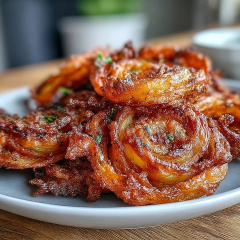 Golden, crispy onion bhajis made in the air fryer, bursting with aromatic Indian spices and served fresh with mint chutney.  