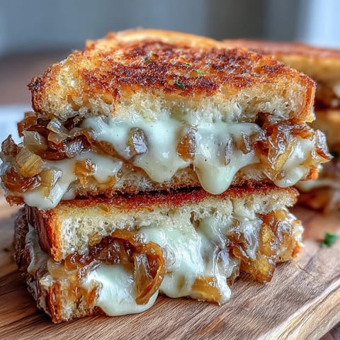 A golden sourdough sandwich with caramelized onions and melted Gruyère, inspired by French onion soup.