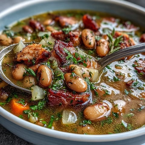 Hearty ham bone bean soup with smoky paprika, featuring tender navy beans and savory ham in a rich, flavorful broth.  