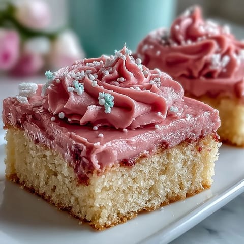 Soft sugar cookie bars with creamy strawberry frosting and festive sprinkles, perfect for Valentine's Day dessert.  