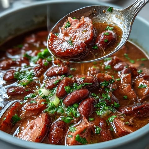 Hearty Ham and Red Bean Soup with smoky ham hock, creamy beans, and classic Creole spices in a rustic bowl.