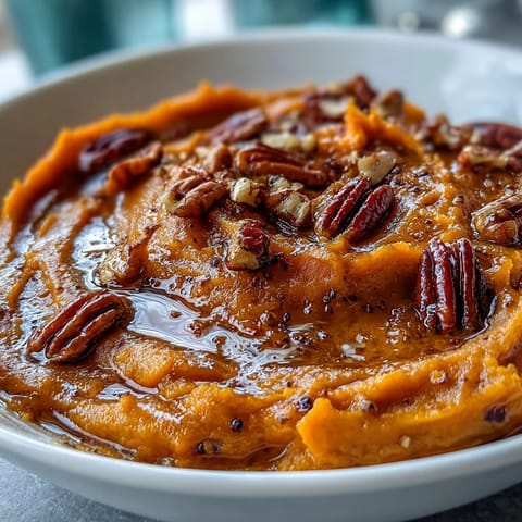 A warm bowl of creamy candied yams mashed with butter and cinnamon, topped with chopped pecans and a sprinkle of nutmeg.