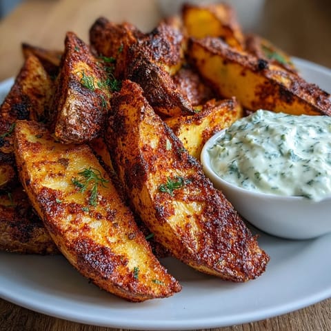 Crispy air fryer potato wedges served with a creamy spring onion dip, perfect for snacking or as a side dish.  