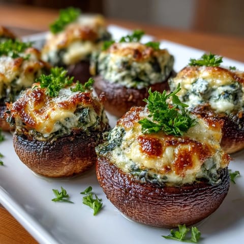 Golden-brown mushrooms filled with rich cream cheese and spinach, air-fried until tender and lightly crisped for a savory bite.  