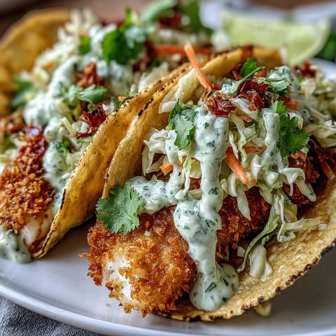 Crispy air fryer fish tacos topped with vibrant cabbage slaw and creamy sauce, served on warm tortillas.  