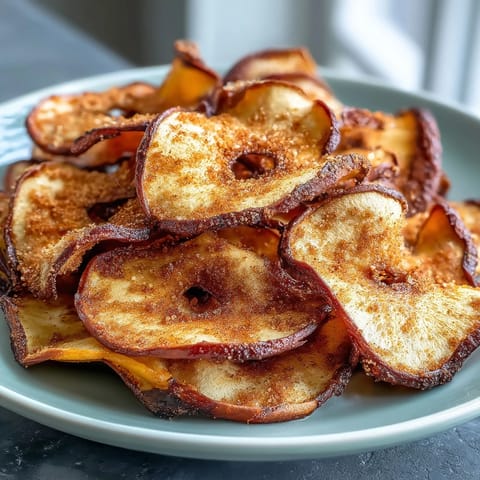 Golden air fryer apple chips dusted with cinnamon sugar, a crunchy and healthy snack perfect for any time of day.