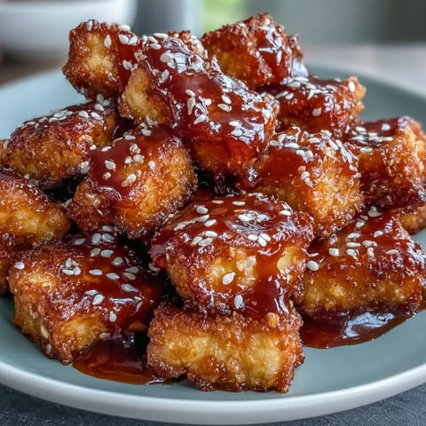 Golden-brown tofu nuggets tossed in sweet chili sauce, served as a flavorful vegan appetizer or light main dish.  