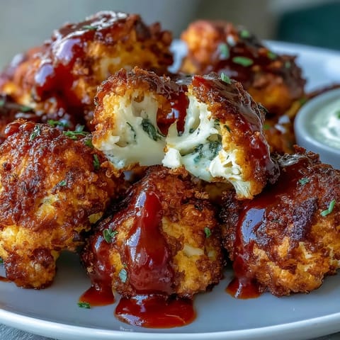 Golden-brown cauliflower florets coated in a smoky Buffalo sauce, served with celery sticks for a healthy snack.