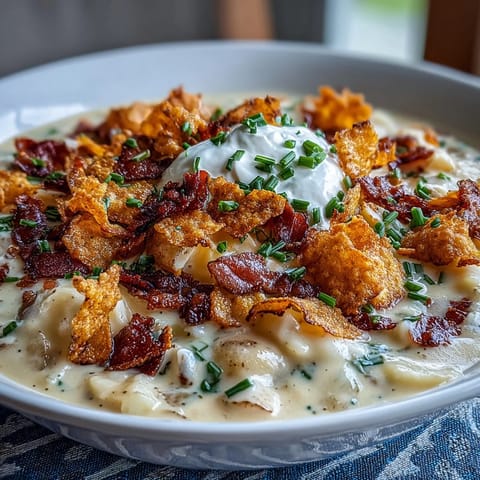 Hearty loaded baked potato soup featuring cheesy funeral potatoes, smoky bacon, and a dollop of sour cream.  