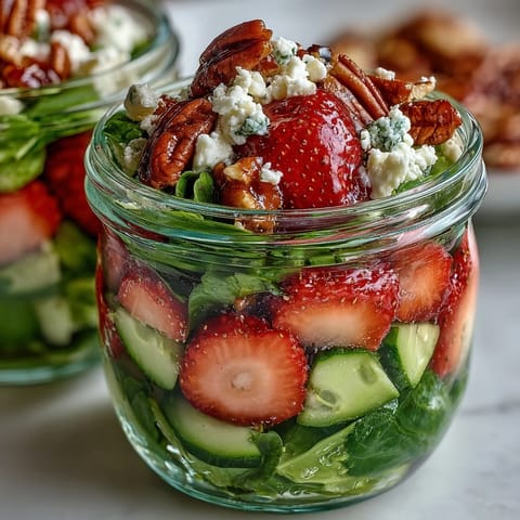 Fresh strawberry and goat cheese salad jars with crisp greens, pecans, and balsamic dressing.