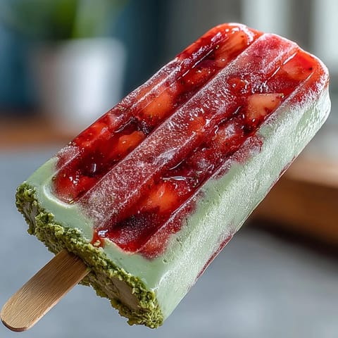 Vibrant strawberry matcha latte popsicles with creamy layers of fresh berries and earthy green tea, perfect for spring refreshment.