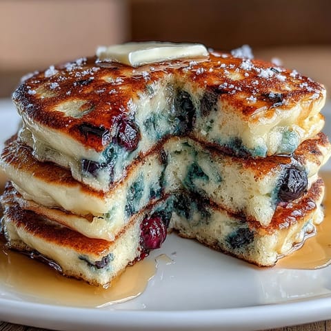 Fluffy sourdough discard pancakes bursting with fresh blueberries and bright lemon zest, perfect for a tangy breakfast treat.  