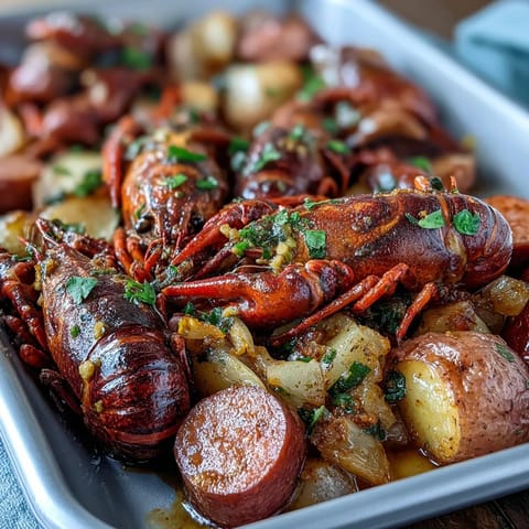 Sheet pan dinner featuring crawfish, sausage, and vegetables seasoned with Cajun spices for a classic boil flavor.  