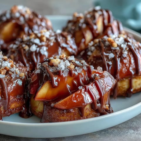 Gourmet caramel apple slices dipped in melted caramel, finished with a decadent chocolate drizzle for a festive dessert.