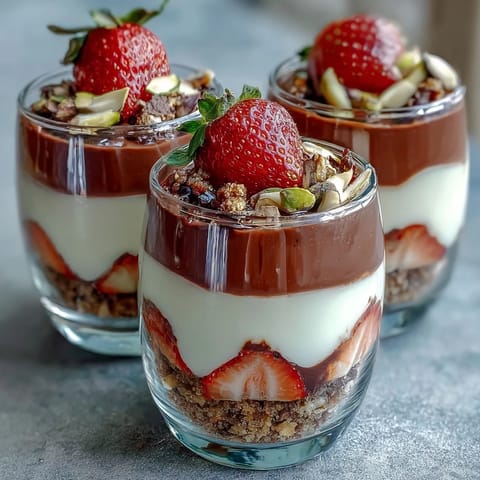 Easy Dubai Chocolate Strawberry Dessert Cups with rich dark chocolate, fresh strawberries, and buttery biscuit base in elegant layered cups.