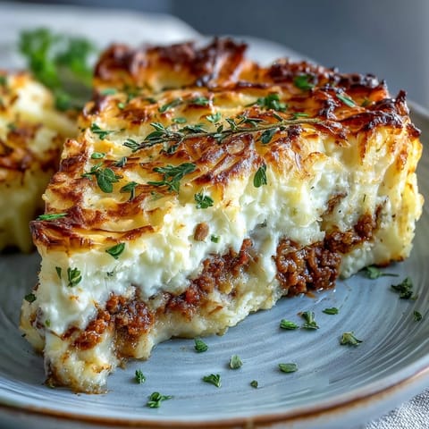 Baked potatoes stuffed with savory ground beef and vegetables, topped with creamy mashed potatoes for a comforting twist on shepherd's pie.