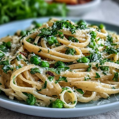 Creamy lemon butter pasta with peas and Parmesan, topped with fresh parsley and grated cheese.