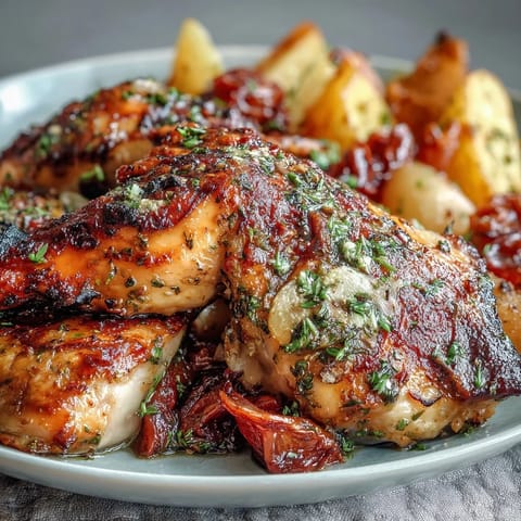 Herb-marinated chicken thighs roast alongside carrots, parsnips, and sweet potatoes for a hearty sheet pan dinner.