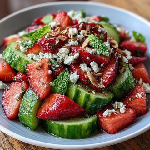 Fresh cucumber and strawberry salad with mint, a vibrant spring dish with crisp cucumbers, juicy berries, and fragrant herbs.  