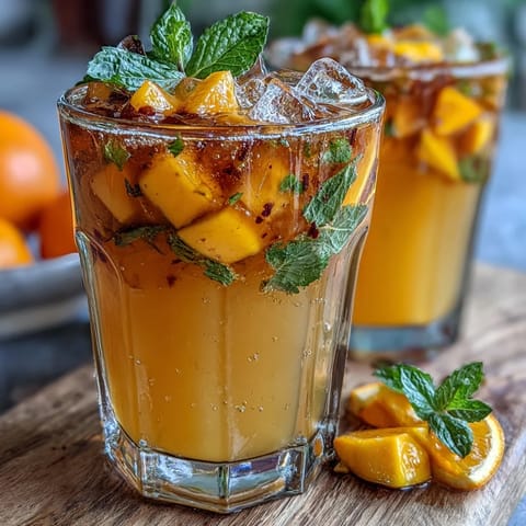 A vibrant pitcher of mango peach sangria filled with fresh fruit slices and mint, perfect for summer entertaining.