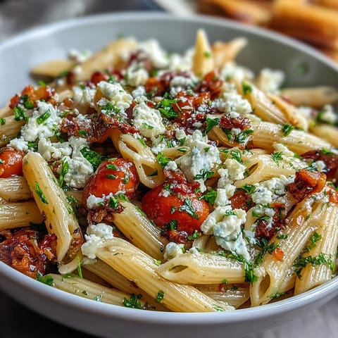 Vibrant Greek pasta salad with olives and feta, bursting with fresh vegetables and tangy Mediterranean flavors.