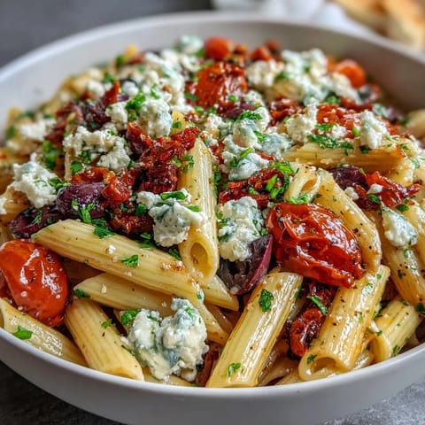 Colorful Greek pasta salad featuring creamy feta, juicy cherry tomatoes, and crisp cucumbers, perfect for summer gatherings.