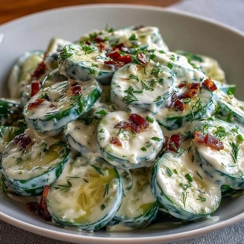 Creamy cucumber salad with dill and Greek yogurt in a white bowl, garnished with fresh dill sprigs, served as a refreshing summer side dish.