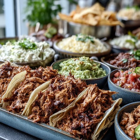 Vibrant Cinco de Mayo taco bar spread with sizzling chicken, beef, and black beans, surrounded by colorful toppings and warm tortillas.  