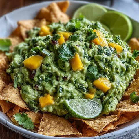 Creamy Cinco de Mayo guacamole with mango and jalapeño, a vibrant blend of sweet and spicy flavors perfect for parties.  