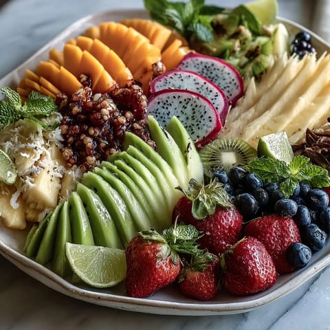 Tropical mango and pineapple fruit display with ripe, colorful slices arranged in a vibrant, eye-catching pattern.