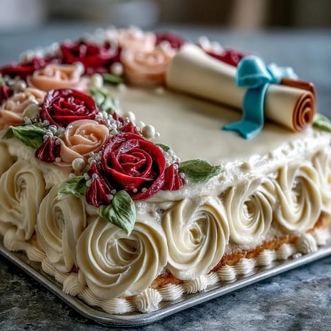 Graduation sheet cake adorned with buttercream roses and edible diploma, perfect for celebrating academic achievements.